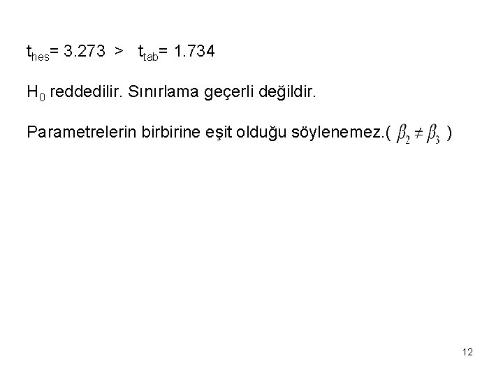 thes= 3. 273 > ttab= 1. 734 H 0 reddedilir. Sınırlama geçerli değildir. Parametrelerin