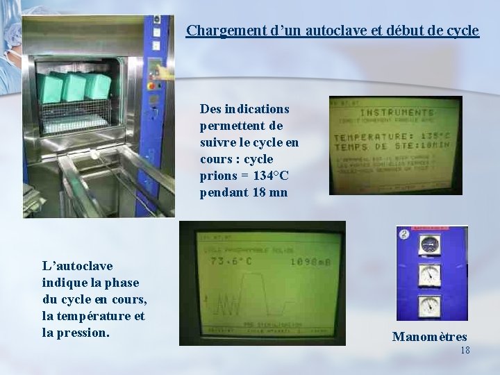 Chargement d’un autoclave et début de cycle Des indications permettent de suivre le cycle