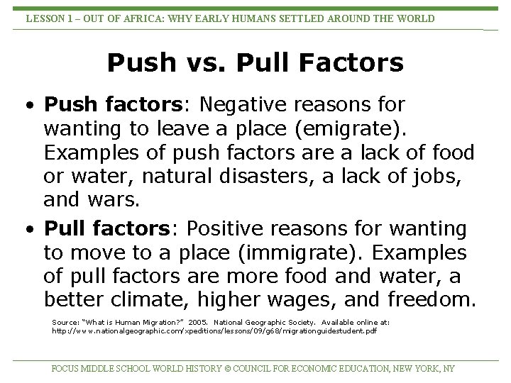 LESSON 1 – OUT OF AFRICA: WHY EARLY HUMANS SETTLED AROUND THE WORLD Push