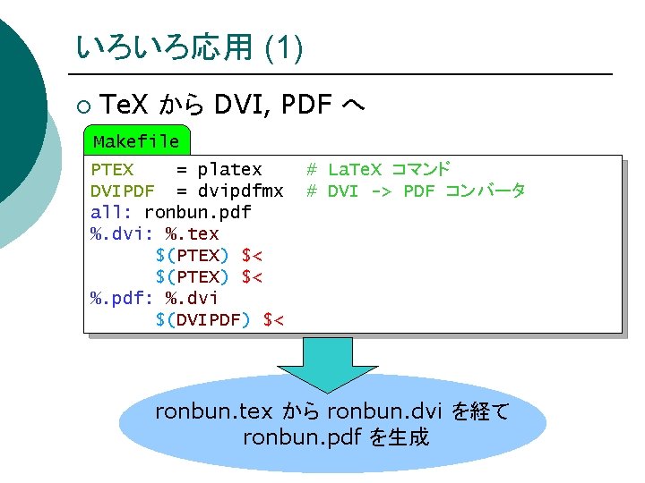 いろいろ応用 (1) ¡ Te. X から DVI, PDF へ Makefile PTEX = platex DVIPDF