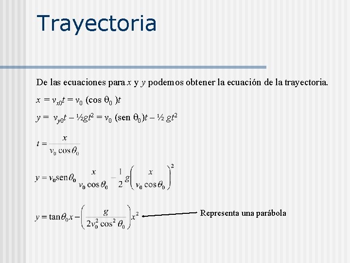 Trayectoria De las ecuaciones para x y y podemos obtener la ecuación de la