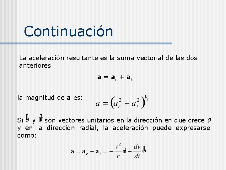 Continuación La aceleración resultante es la suma vectorial de las dos anteriores a =