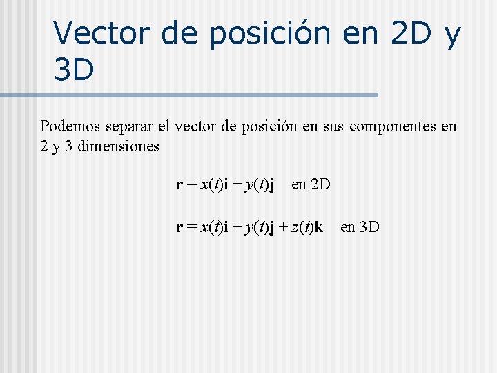 Vector de posición en 2 D y 3 D Podemos separar el vector de