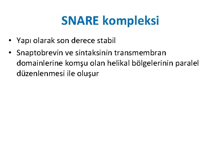 SNARE kompleksi • Yapı olarak son derece stabil • Snaptobrevin ve sintaksinin transmembran domainlerine