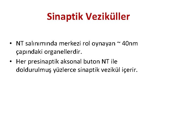 Sinaptik Veziküller • NT salınımında merkezi rol oynayan ~ 40 nm çapındaki organellerdir. •