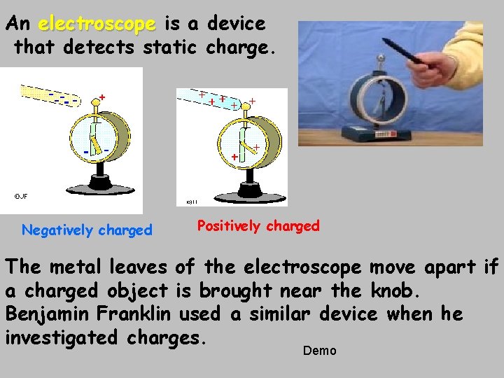 An electroscope is a device that detects static charge. Negatively charged Positively charged The