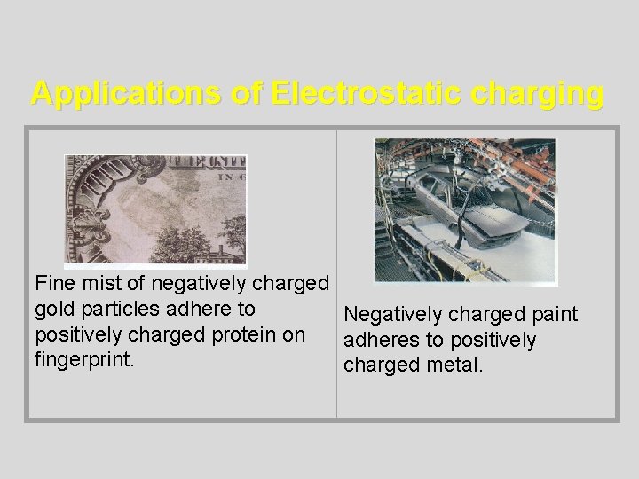 Applications of Electrostatic charging Fine mist of negatively charged gold particles adhere to Negatively