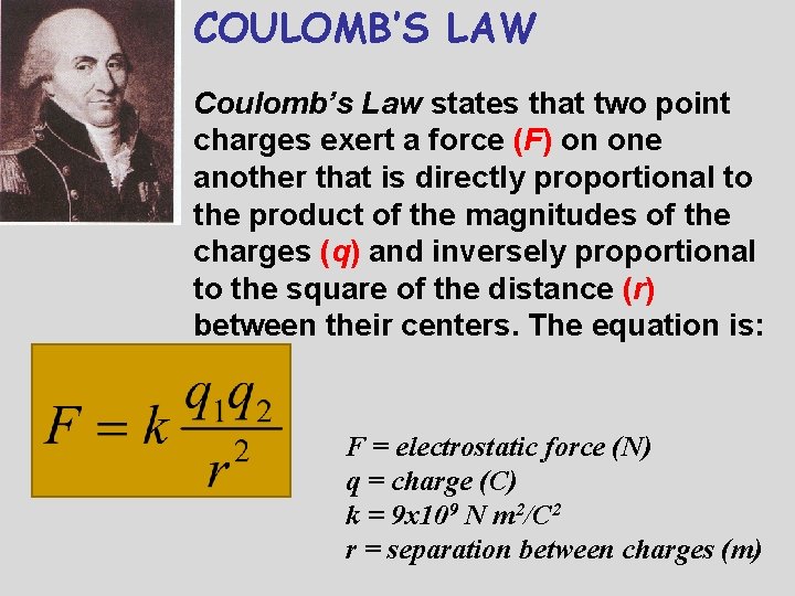 COULOMB’S LAW Coulomb’s Law states that two point charges exert a force (F) on