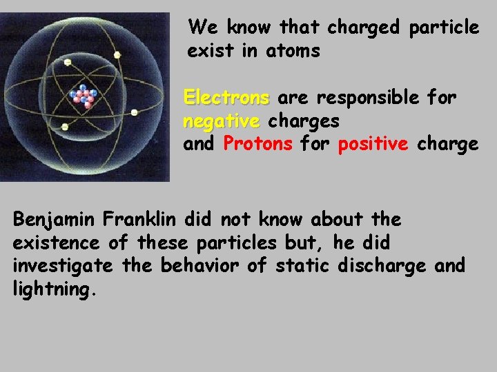 We know that charged particle exist in atoms Electrons are responsible for negative charges