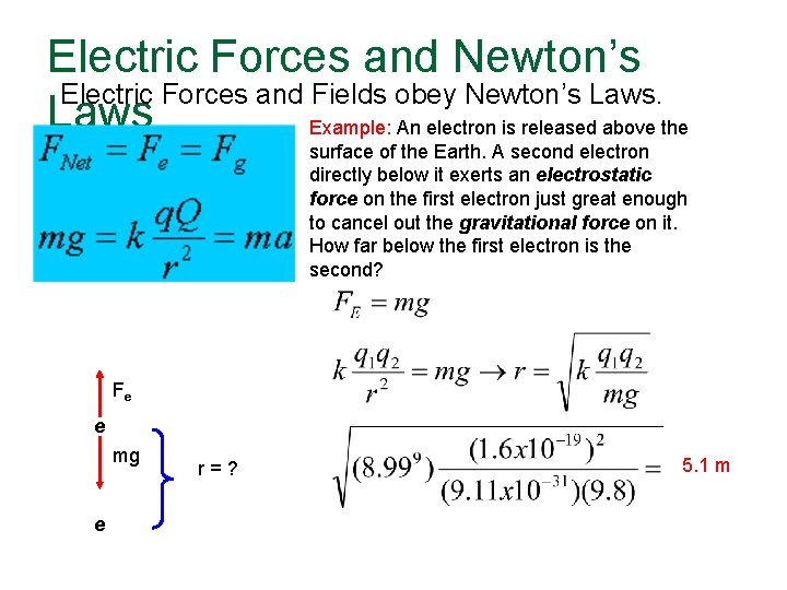 Electric Forces and Newton’s Electric Forces and Fields obey Newton’s Laws Example: An electron
