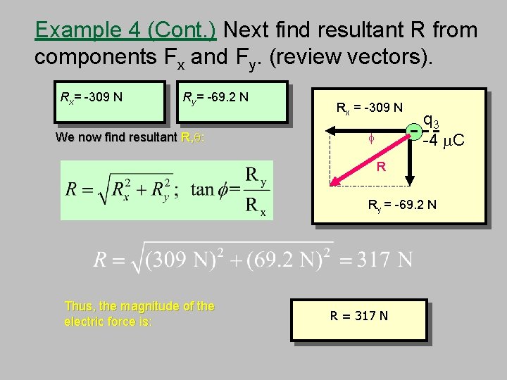 Example 4 (Cont. ) Next find resultant R from components Fx and Fy. (review
