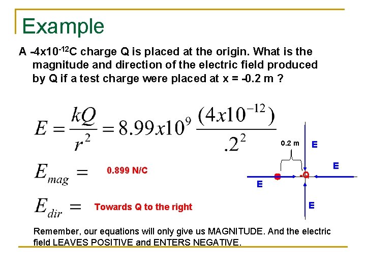 Example A -4 x 10 -12 C charge Q is placed at the origin.