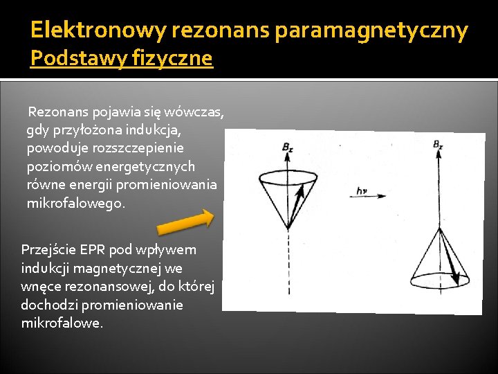 Elektronowy rezonans paramagnetyczny Podstawy fizyczne Rezonans pojawia się wówczas, gdy przyłożona indukcja, powoduje rozszczepienie