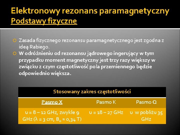 Elektronowy rezonans paramagnetyczny Podstawy fizyczne Zasada fizycznego rezonansu paramagnetycznego jest zgodna z ideą Rabiego.