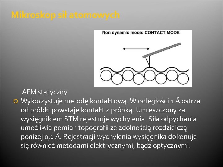 Mikroskop sił atomowych AFM statyczny Wykorzystuje metodę kontaktową. W odległości 1 Å ostrza od