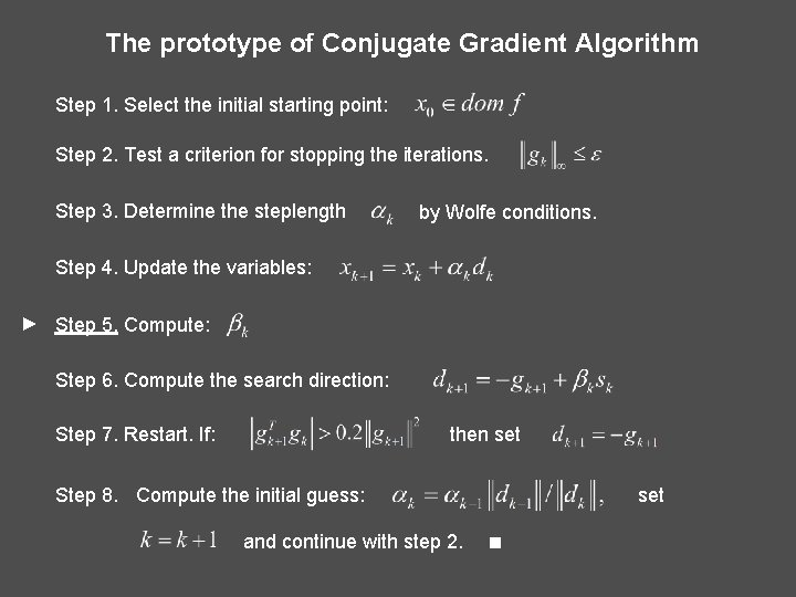 The prototype of Conjugate Gradient Algorithm Step 1. Select the initial starting point: Step