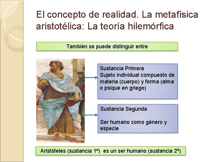 El concepto de realidad. La metafísica aristotélica: La teoría hilemórfica También se puede distinguir