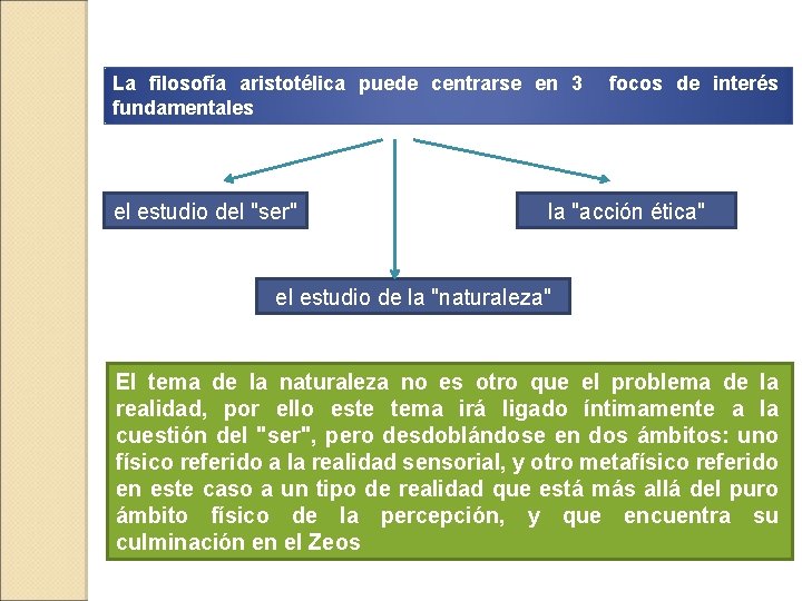 La filosofía aristotélica puede centrarse en 3 focos de interés fundamentales el estudio del