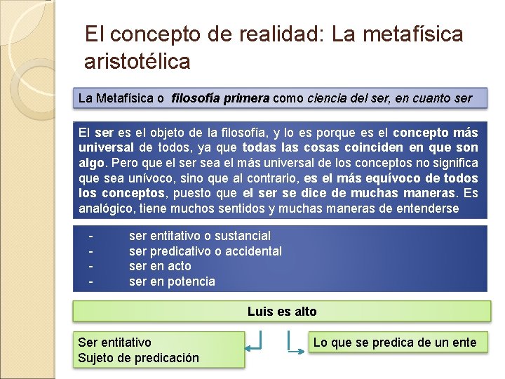 El concepto de realidad: La metafísica aristotélica La Metafísica o filosofía primera como ciencia