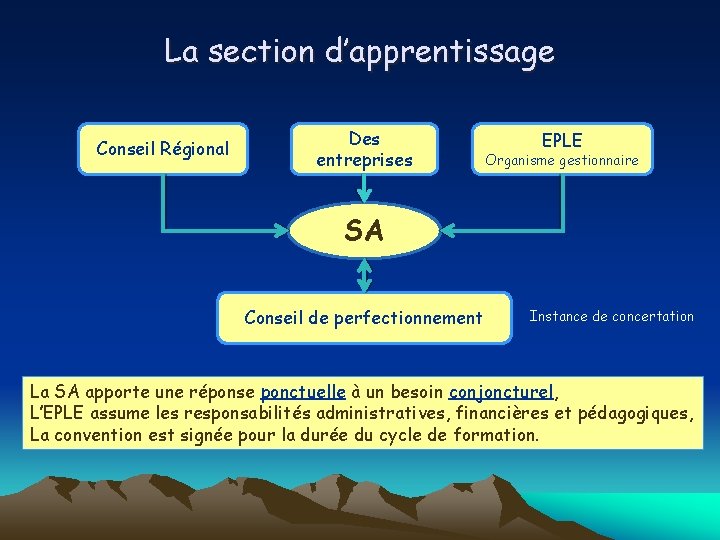 La section d’apprentissage Conseil Régional Des entreprises EPLE Organisme gestionnaire SA Conseil de perfectionnement La section d’apprentissage Conseil Régional Des entreprises EPLE Organisme gestionnaire SA Conseil de perfectionnement