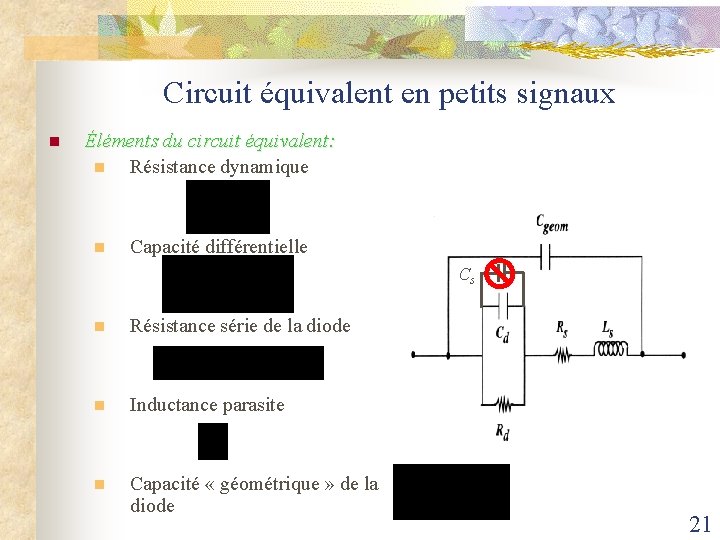Circuit équivalent en petits signaux n Éléments du circuit équivalent: n Résistance dynamique n