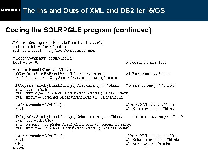 SUNGARD The Ins and Outs of XML and DB 2 for i 5/OS Coding