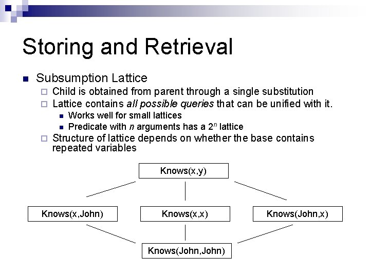 Storing and Retrieval n Subsumption Lattice ¨ ¨ Child is obtained from parent through Storing and Retrieval n Subsumption Lattice ¨ ¨ Child is obtained from parent through