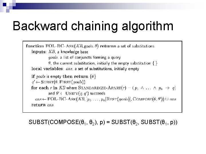 Backward chaining algorithm SUBST(COMPOSE(θ 1, θ 2), p) = SUBST(θ 2, SUBST(θ 1, p)) Backward chaining algorithm SUBST(COMPOSE(θ 1, θ 2), p) = SUBST(θ 2, SUBST(θ 1, p))