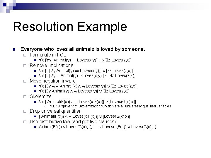 Resolution Example n Everyone who loves all animals is loved by someone. ¨ Formulate Resolution Example n Everyone who loves all animals is loved by someone. ¨ Formulate
