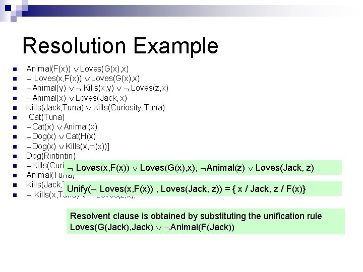 Resolution Example n n n n Animal(F(x)) Loves(G(x), x) Loves(x, F(x)) Loves(G(x), x) Animal(y) Resolution Example n n n n Animal(F(x)) Loves(G(x), x) Loves(x, F(x)) Loves(G(x), x) Animal(y)