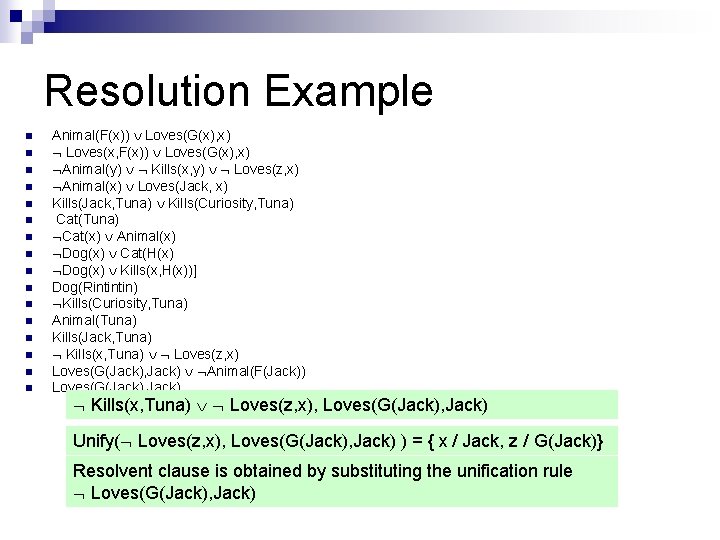 Resolution Example n n n n Animal(F(x)) Loves(G(x), x) Loves(x, F(x)) Loves(G(x), x) Animal(y) Resolution Example n n n n Animal(F(x)) Loves(G(x), x) Loves(x, F(x)) Loves(G(x), x) Animal(y)
