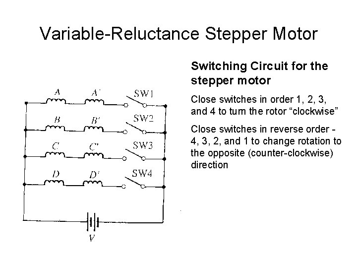 Variable-Reluctance Stepper Motor Switching Circuit for the stepper motor Close switches in order 1,