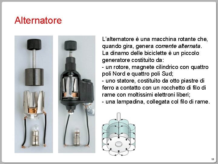 Alternatore L’alternatore è una macchina rotante che, quando gira, genera corrente alternata. La dinamo Alternatore L’alternatore è una macchina rotante che, quando gira, genera corrente alternata. La dinamo