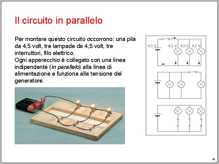 Il circuito in parallelo Per montare questo circuito occorrono: una pila da 4, 5 Il circuito in parallelo Per montare questo circuito occorrono: una pila da 4, 5