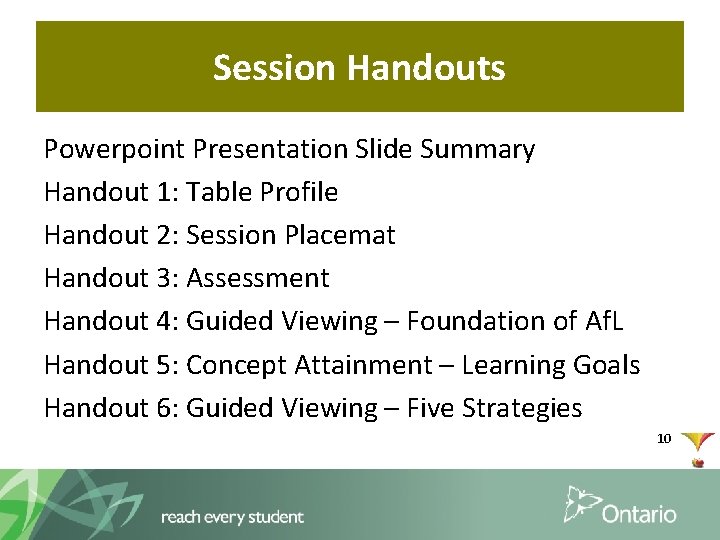 Session Handouts Powerpoint Presentation Slide Summary Handout 1: Table Profile Handout 2: Session Placemat