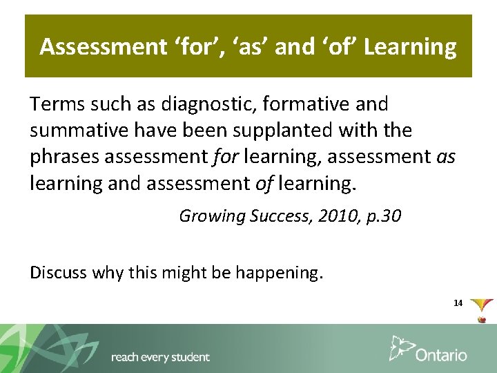 Assessment ‘for’, ‘as’ and ‘of’ Learning Terms such as diagnostic, formative and summative have