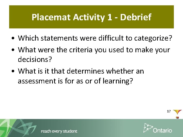 Placemat Activity 1 - Debrief • Which statements were difficult to categorize? • What