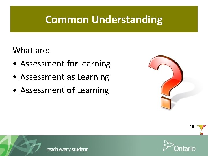 Common Understanding What are: • Assessment for learning • Assessment as Learning • Assessment