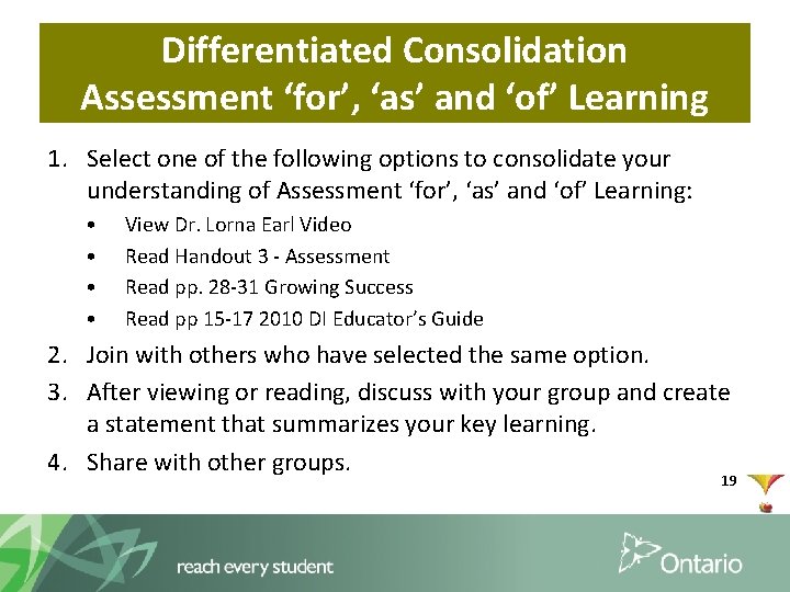 Differentiated Consolidation Assessment ‘for’, ‘as’ and ‘of’ Learning 1. Select one of the following