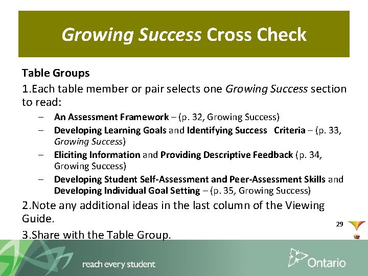 Growing Success Cross Check Table Groups 1. Each table member or pair selects one