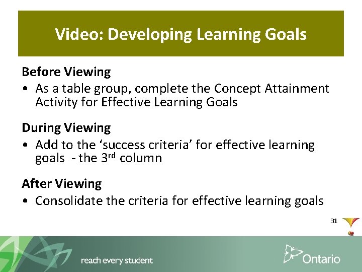 Video: Developing Learning Goals Before Viewing • As a table group, complete the Concept