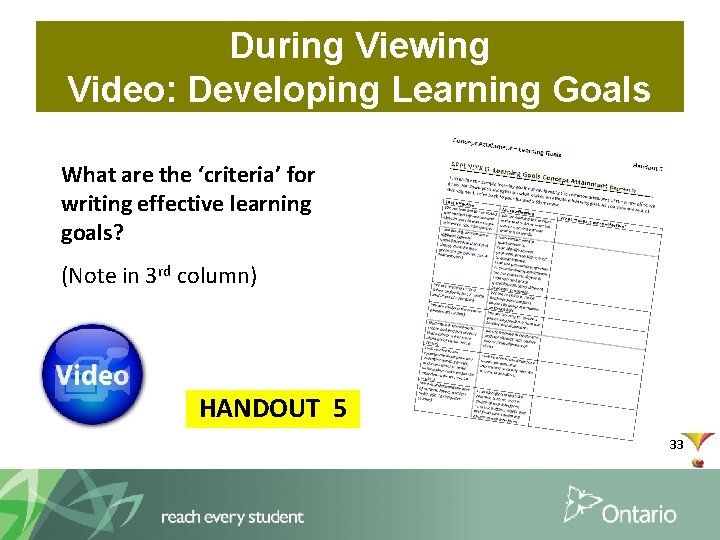 During Viewing Video: Developing Learning Goals What are the ‘criteria’ for writing effective learning