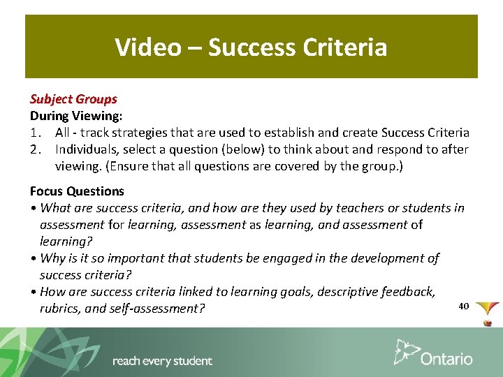 Video – Success Criteria Subject Groups During Viewing: 1. All - track strategies that