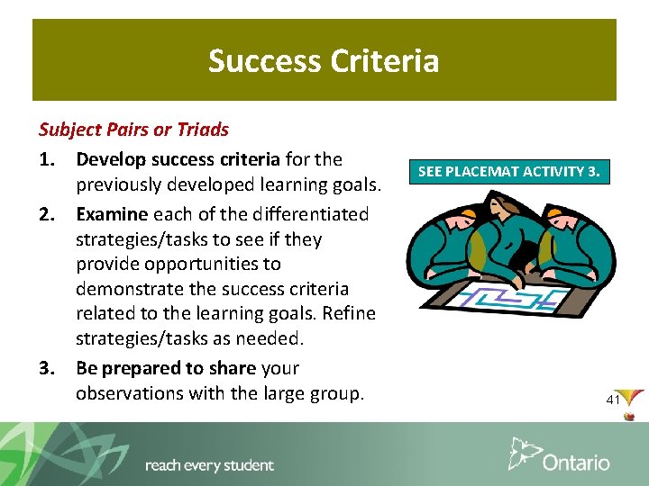 Success Criteria Subject Pairs or Triads 1. Develop success criteria for the previously developed
