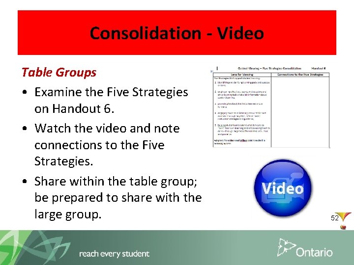 Consolidation - Video Table Groups • Examine the Five Strategies on Handout 6. •