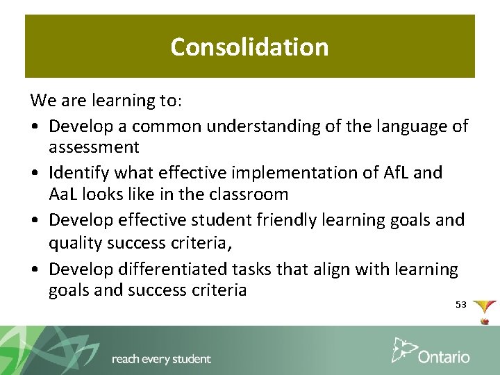 Consolidation We are learning to: • Develop a common understanding of the language of
