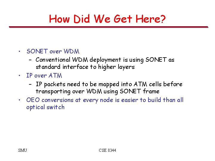 How Did We Get Here? • SONET over WDM – Conventional WDM deployment is