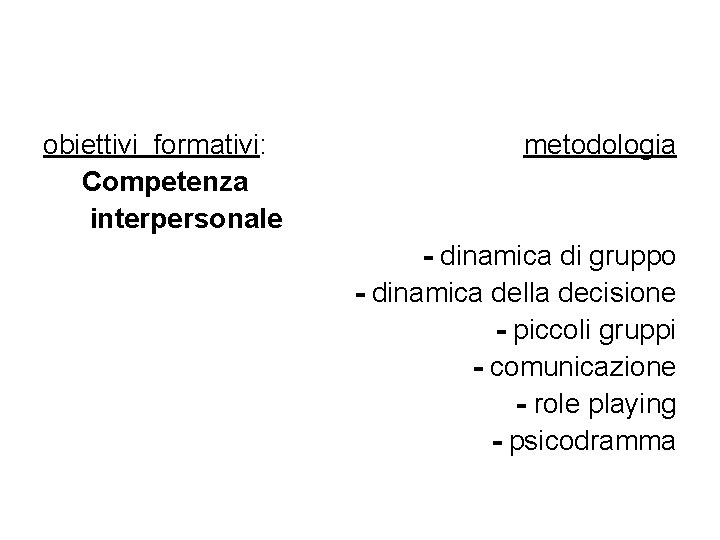 obiettivi formativi: Competenza interpersonale metodologia - dinamica di gruppo - dinamica della decisione -