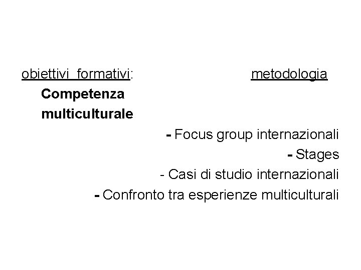 obiettivi formativi: Competenza multiculturale metodologia - Focus group internazionali - Stages - Casi di