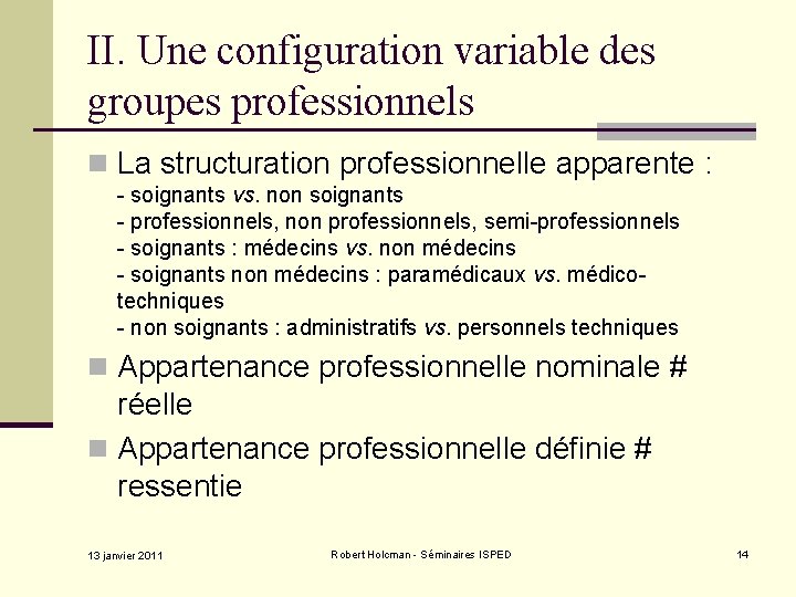 II. Une configuration variable des groupes professionnels n La structuration professionnelle apparente : -